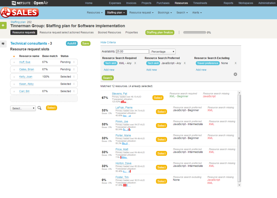 screenshot of NetSuite SuiteProjects Pro